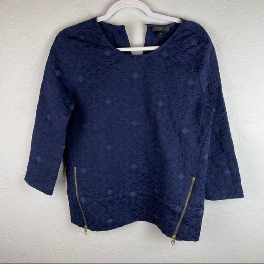 J Crew Blue Brocade Quilted Zip Layering Top Womens Size 00 3/4 Sleeve Side Zips - Picture 3 of 9